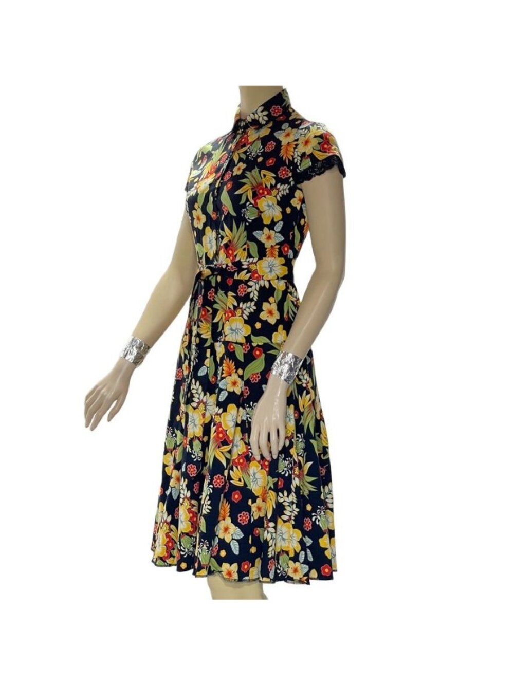 Floral Short Sleeve Collared A-Line Dress With Belt Size 10 By Id~Dio - Picture 4 of 16